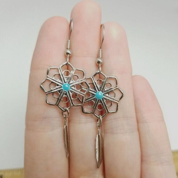 Vintage Feather Dangle Charm Earrings, Silver Tone Filigree Style Estate - Picture 5 of 6